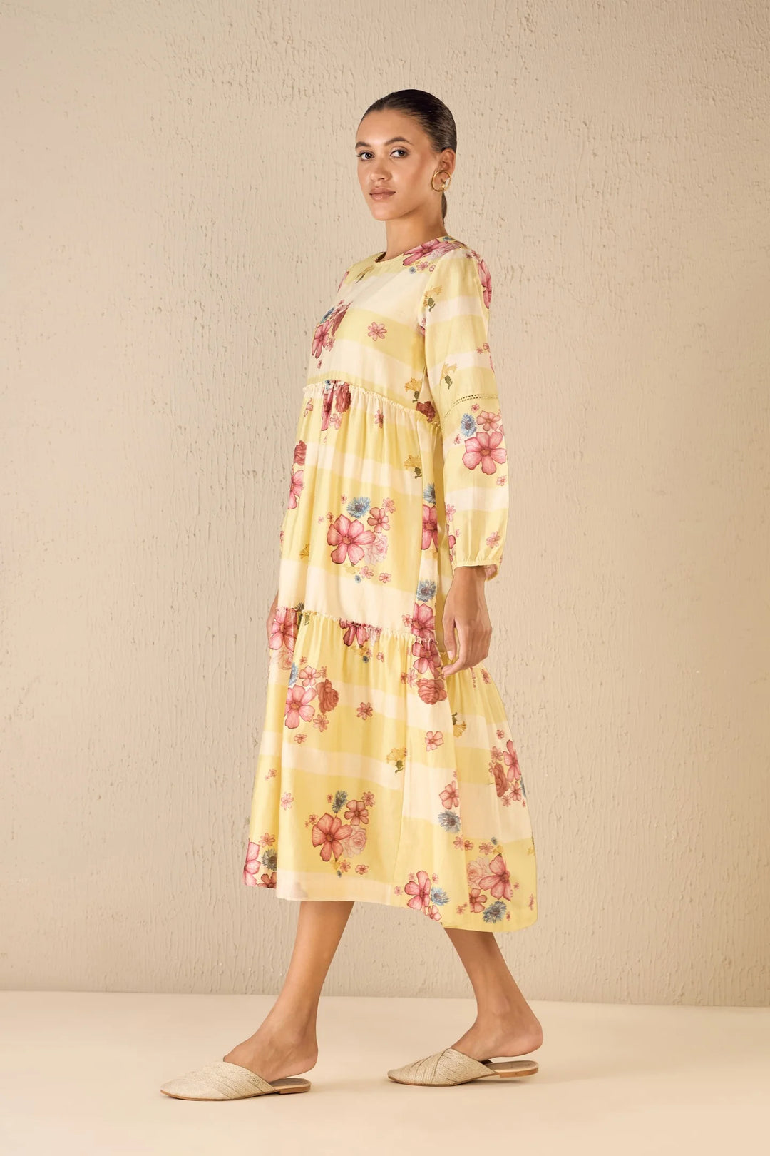 Floral Fusion: Yellow & White Stripe Floral Tier Dress