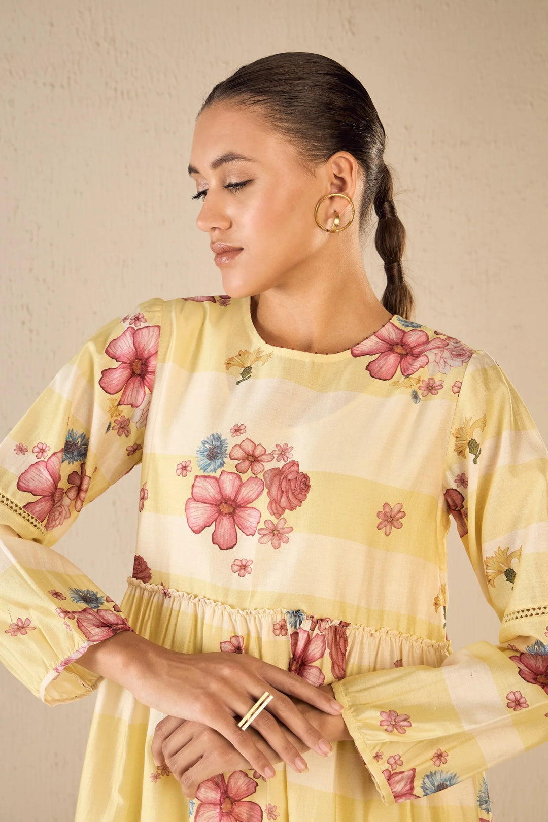 Floral Fusion: Yellow & White Stripe Floral Tier Dress