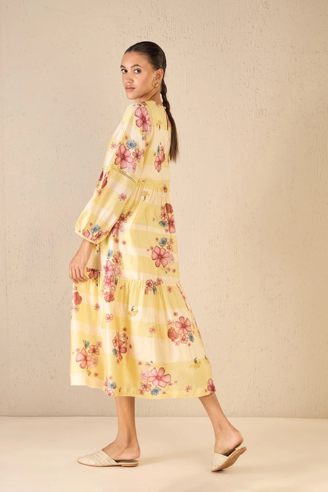 Floral Fusion: Yellow & White Stripe Floral Tier Dress