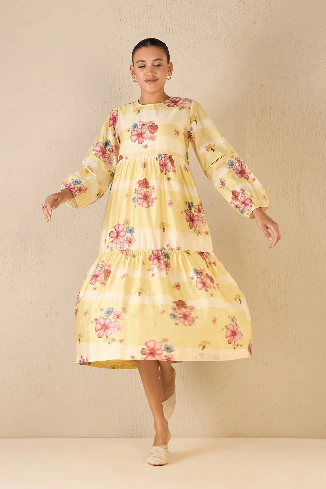 Floral Fusion: Yellow & White Stripe Floral Tier Dress