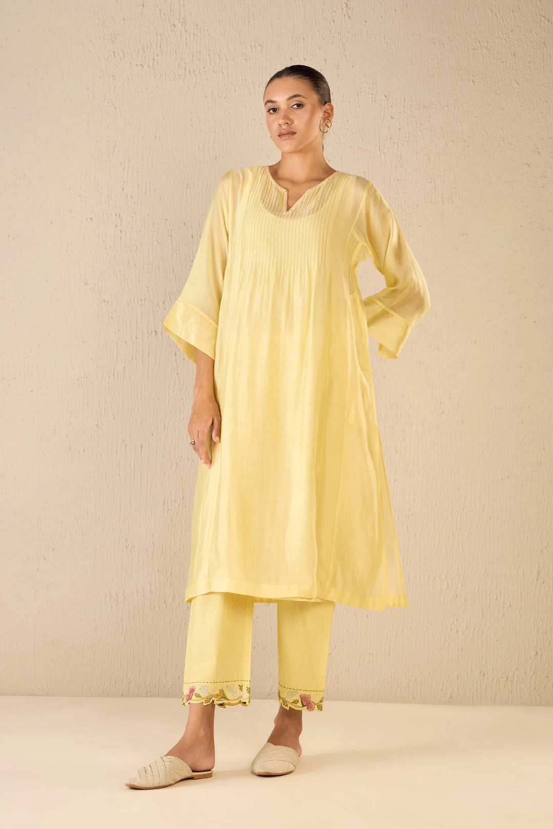 Floral Cream: Yellow Pintuck Choga Set