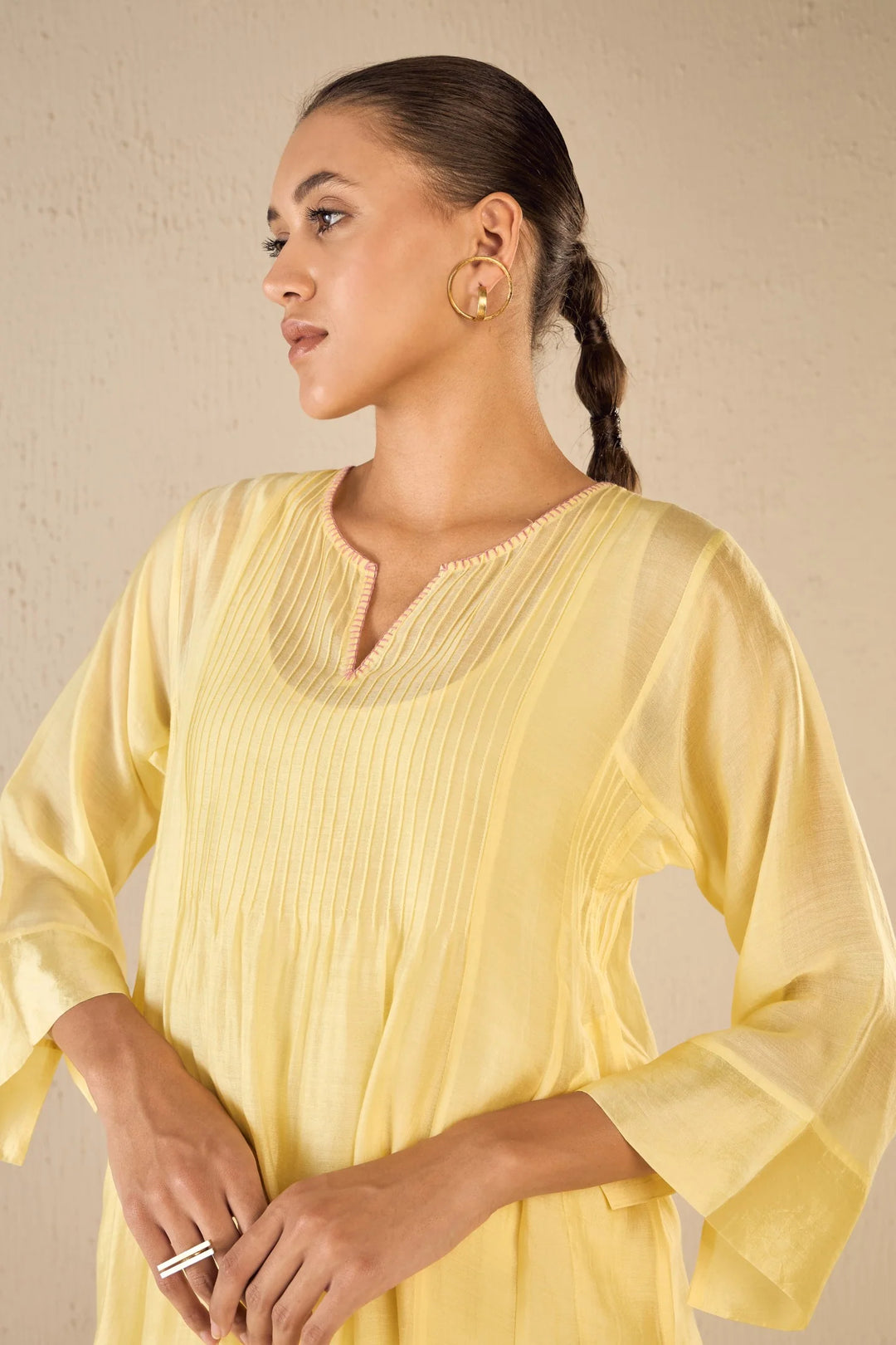 Floral Cream: Yellow Pintuck Choga Set
