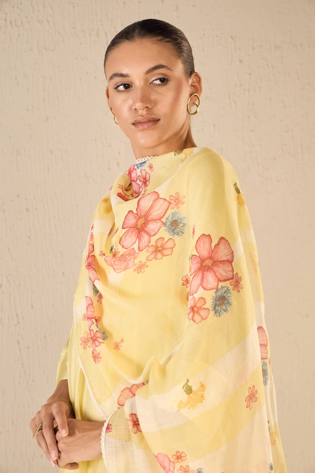 Floral Cream: Yellow Pintuck Choga Set