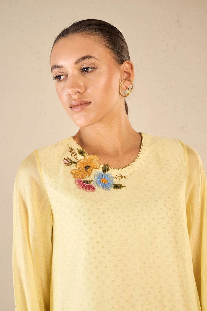Garden Glory: Yellow Applique Floral Bunch Kurta Set