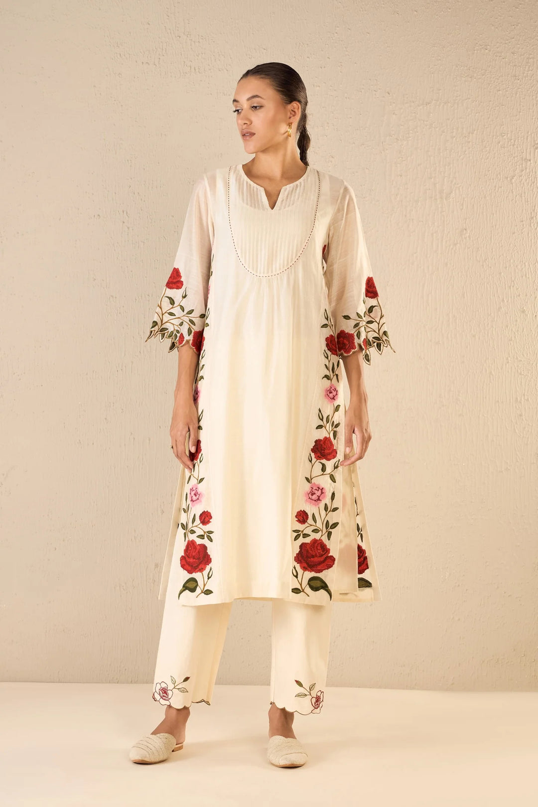 Rose Shine: Ivory Pink & Red Rose Embroidered Kali Kurta Set