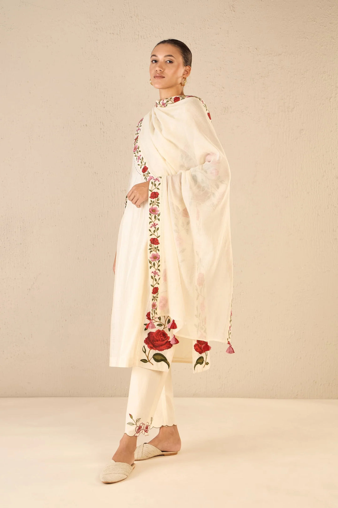 Rose Shine: Ivory Pink & Red Rose Embroidered Kali Kurta Set