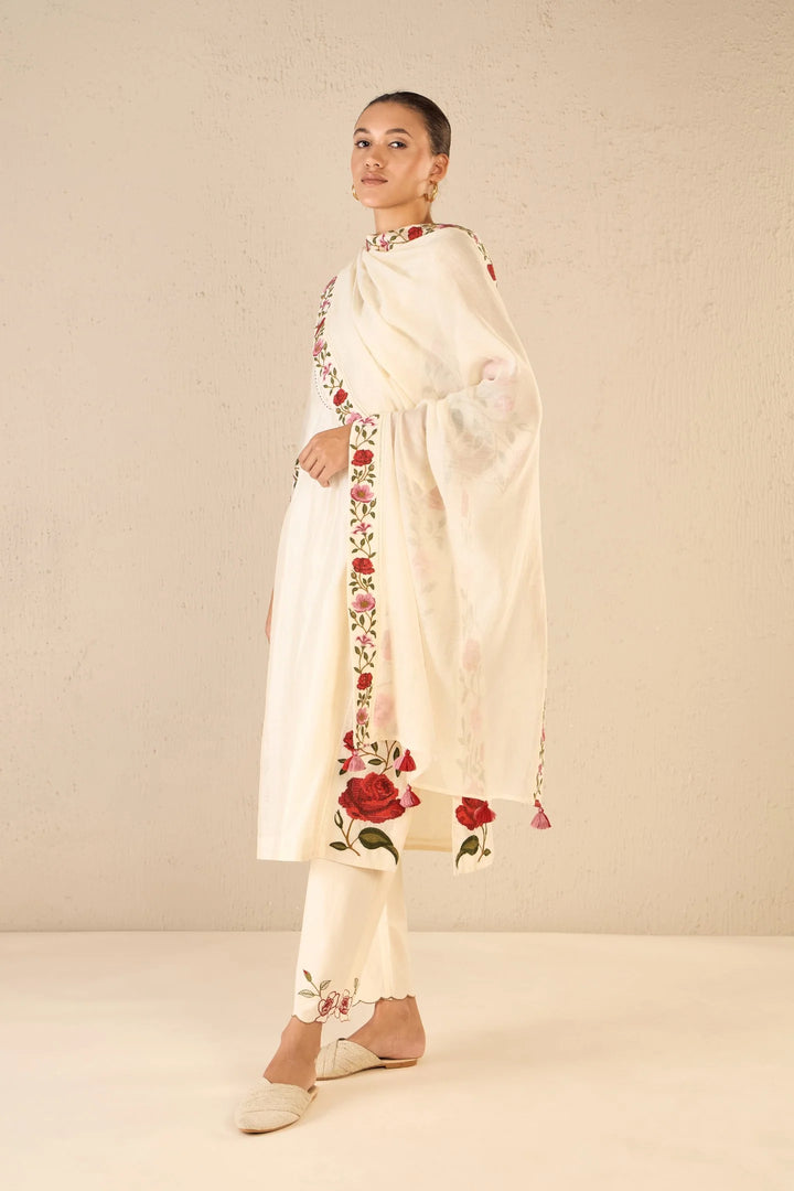 Rose Shine: Ivory Pink & Red Rose Embroidered Kali Kurta Set