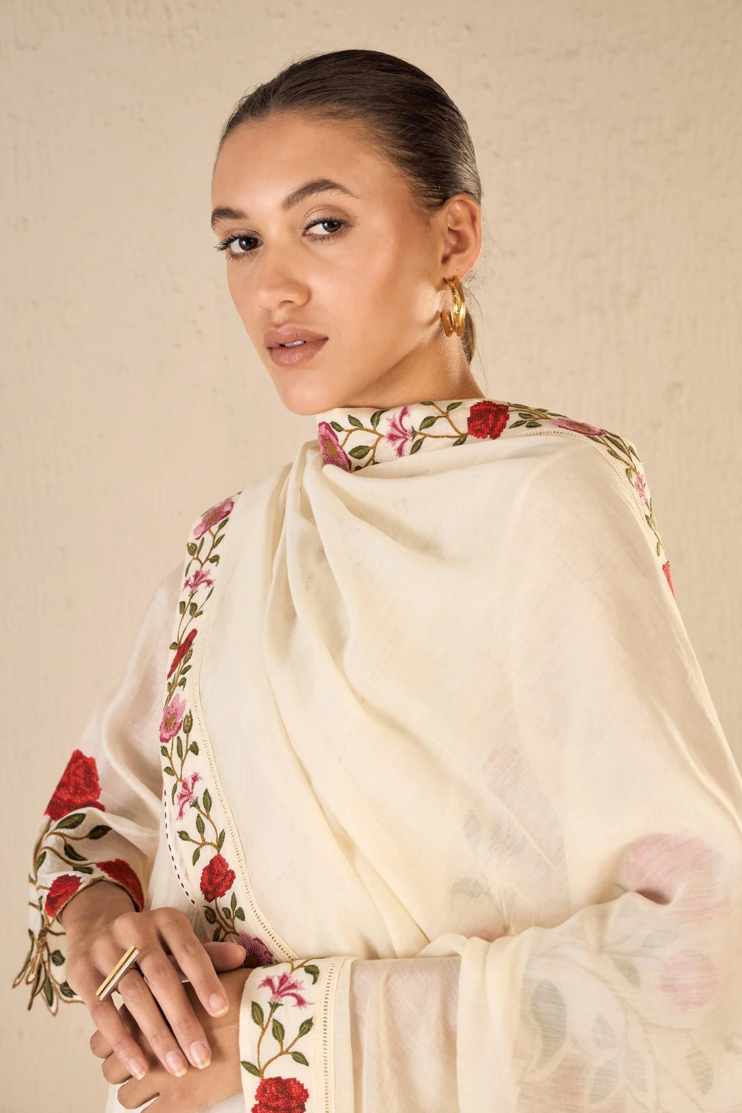 Rose Shine: Ivory Pink & Red Rose Embroidered Kali Kurta Set