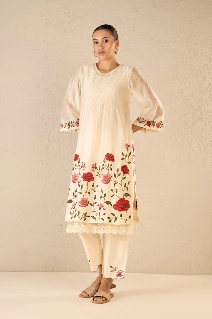 Gardenia Charm: Ivory Floral Embroidery Jaal Kurta Set