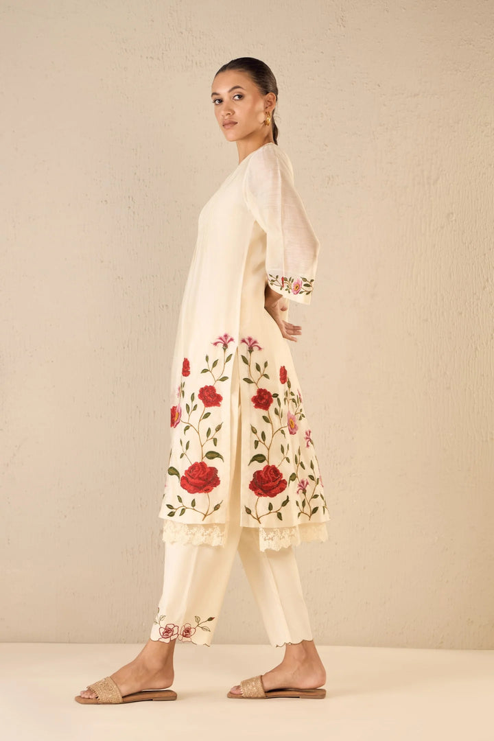 Gardenia Charm: Ivory Floral Embroidery Jaal Kurta Set