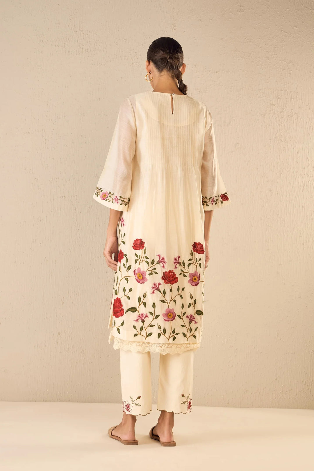Gardenia Charm: Ivory Floral Embroidery Jaal Kurta Set