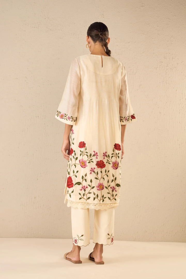 Gardenia Charm: Ivory Floral Embroidery Jaal Kurta Set