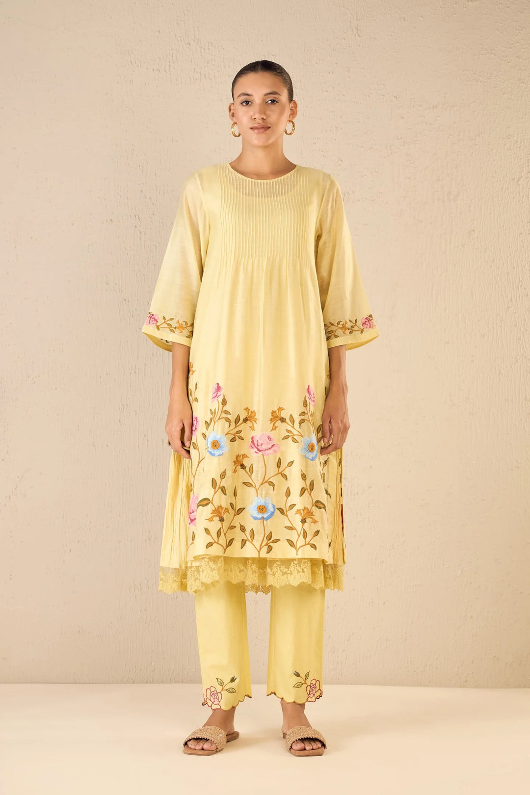 Gardenia Charm: Yellow Floral Embroidery Jaal Kurta Set