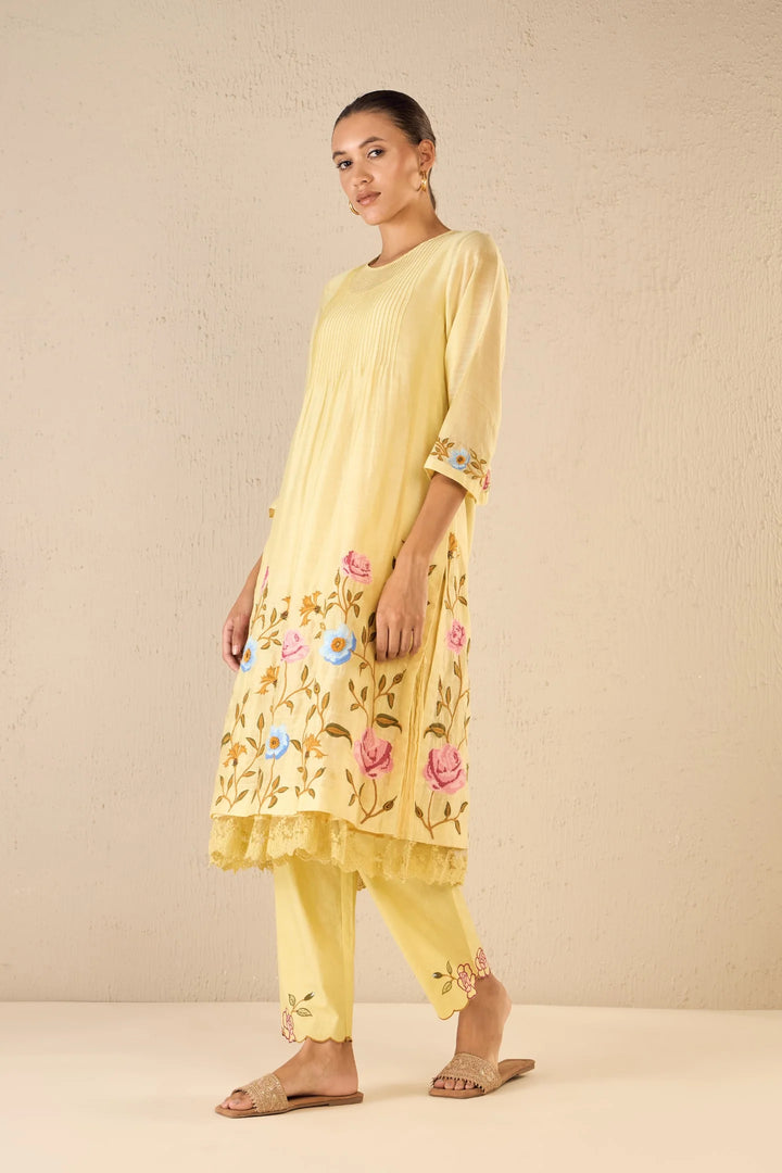 Gardenia Charm: Yellow Floral Embroidery Jaal Kurta Set