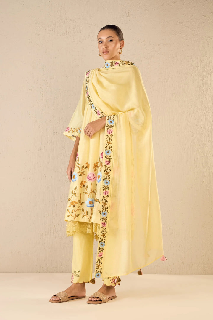 Gardenia Charm: Yellow Floral Embroidery Jaal Kurta Set