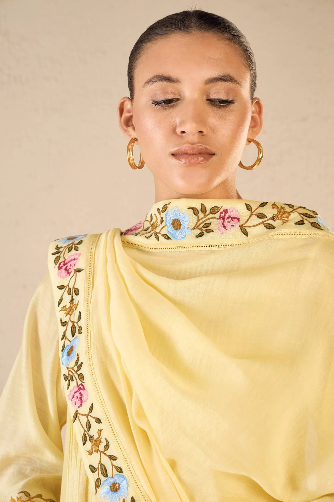 Gardenia Charm: Yellow Floral Embroidery Jaal Kurta Set