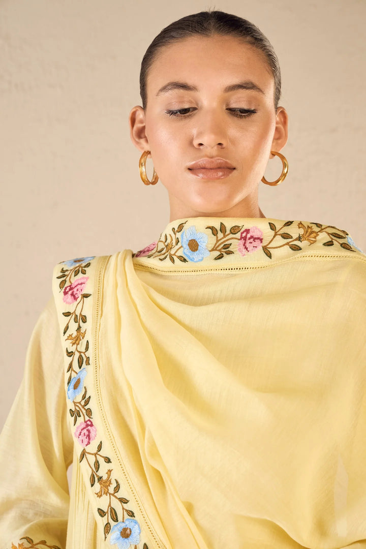 Gardenia Charm: Yellow Floral Embroidery Jaal Kurta Set
