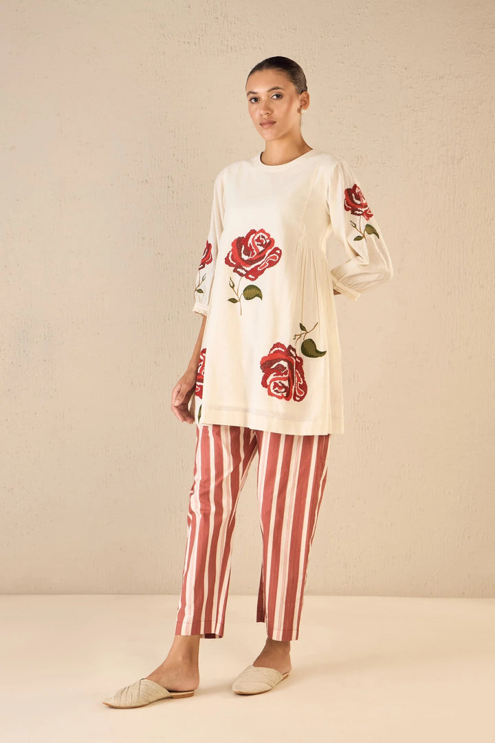 Royal Rose: Ivory Side Gather Tunic With Red Stripe Pants