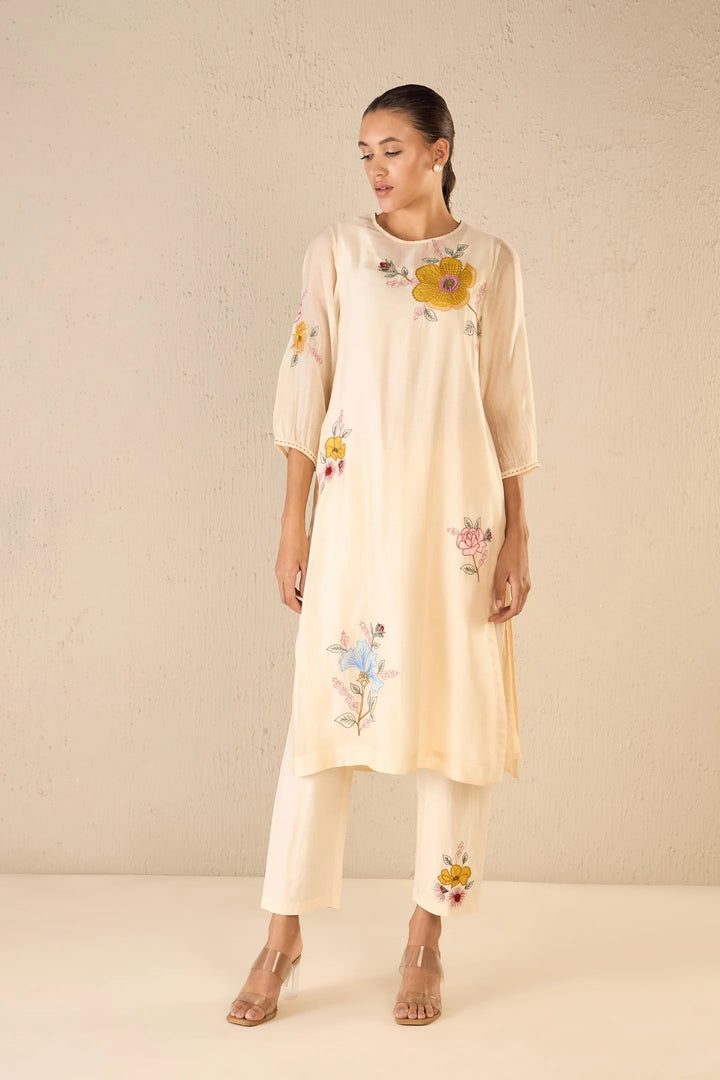 Petal Patch: Ivory Floral Applique Kurta Set