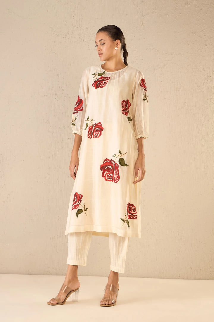 Royal Rose: Ivory Cotton Silk Red Embroidery Rose Kurta With Ivory Pintuck Pants