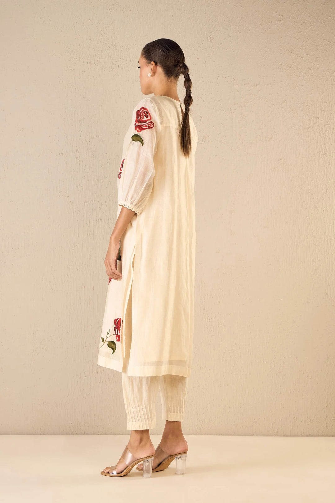 Royal Rose: Ivory Cotton Silk Red Embroidery Rose Kurta With Ivory Pintuck Pants