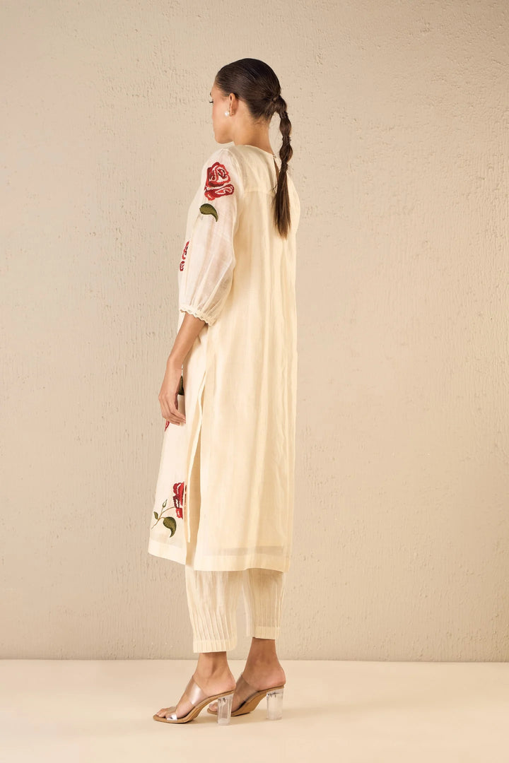 Royal Rose: Ivory Cotton Silk Red Embroidery Rose Kurta With Ivory Pintuck Pants