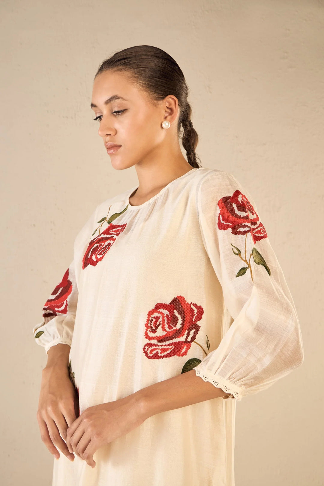 Royal Rose: Ivory Cotton Silk Red Embroidery Rose Kurta With Ivory Pintuck Pants