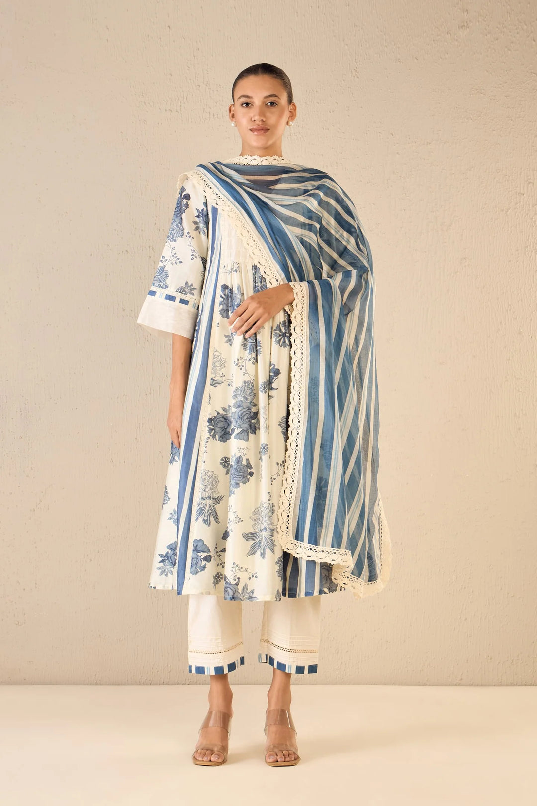 Floral Fantasy : Blue Floral & Stripe Anarkali Set