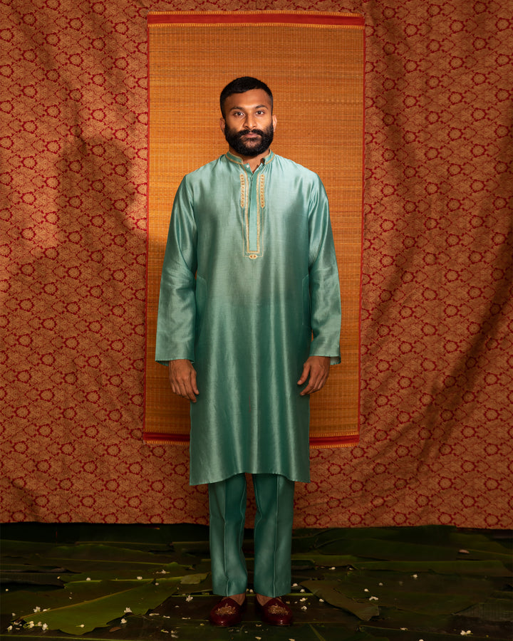 teal hand embroidered men's kurta with straight pant