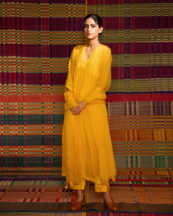 haldi hand embroidered gathered kurta set with slip