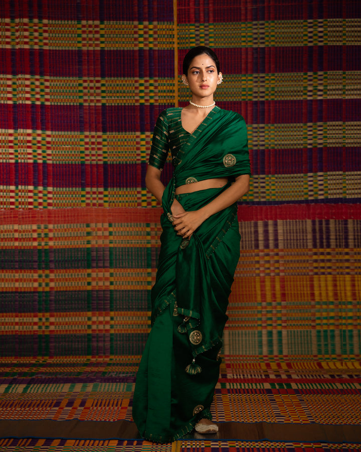 haritah green mandala hand embroidered silk saree