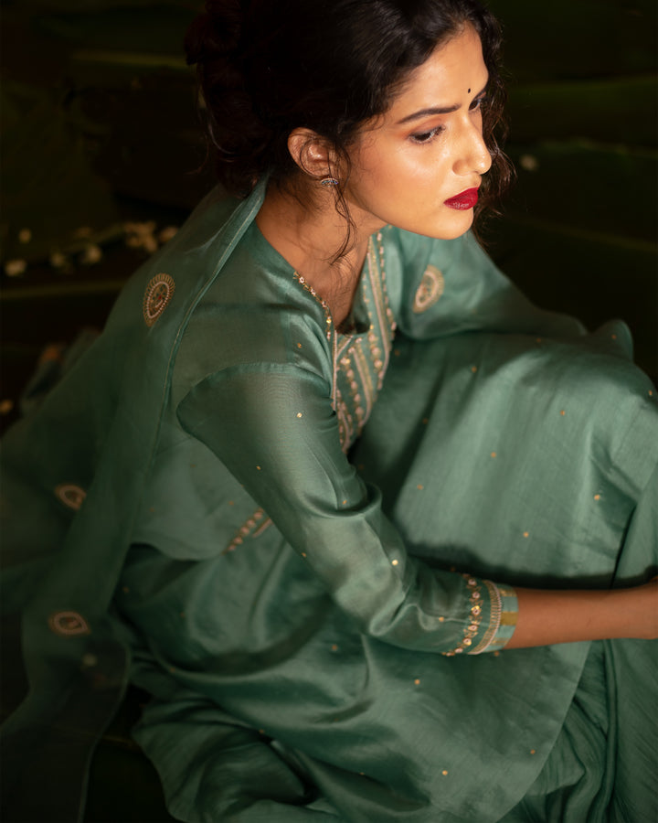 teal hand embroidered kurta with skirt