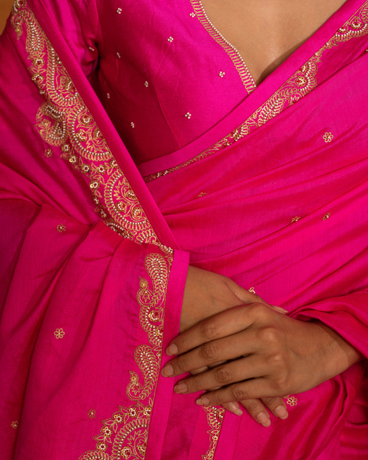 fuchsia hand embroidered silk saree with v neck blouse