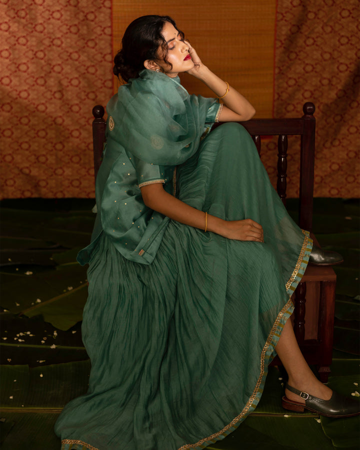 teal blue hand embroidered short kurta with skirt