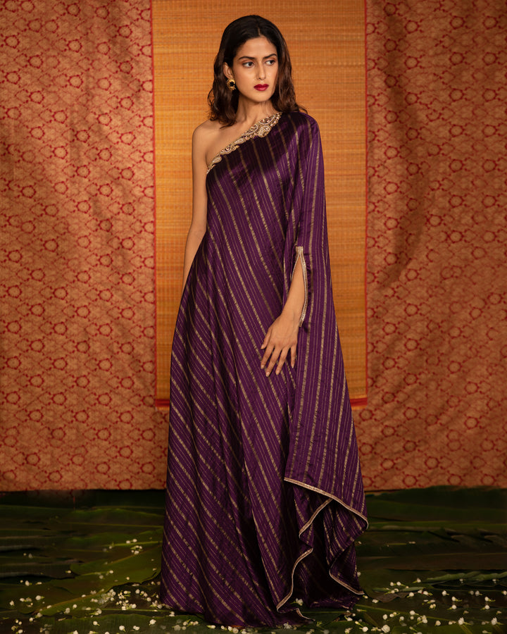varna silk hand embroidered one shoulder dress