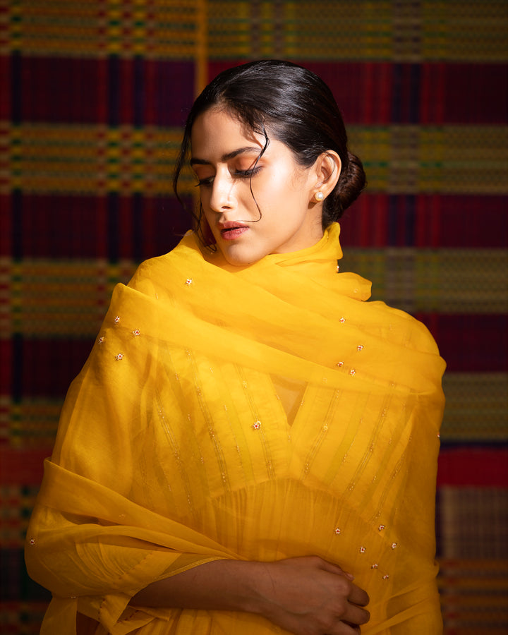 haldi hand embroidered gathered kurta set with slip