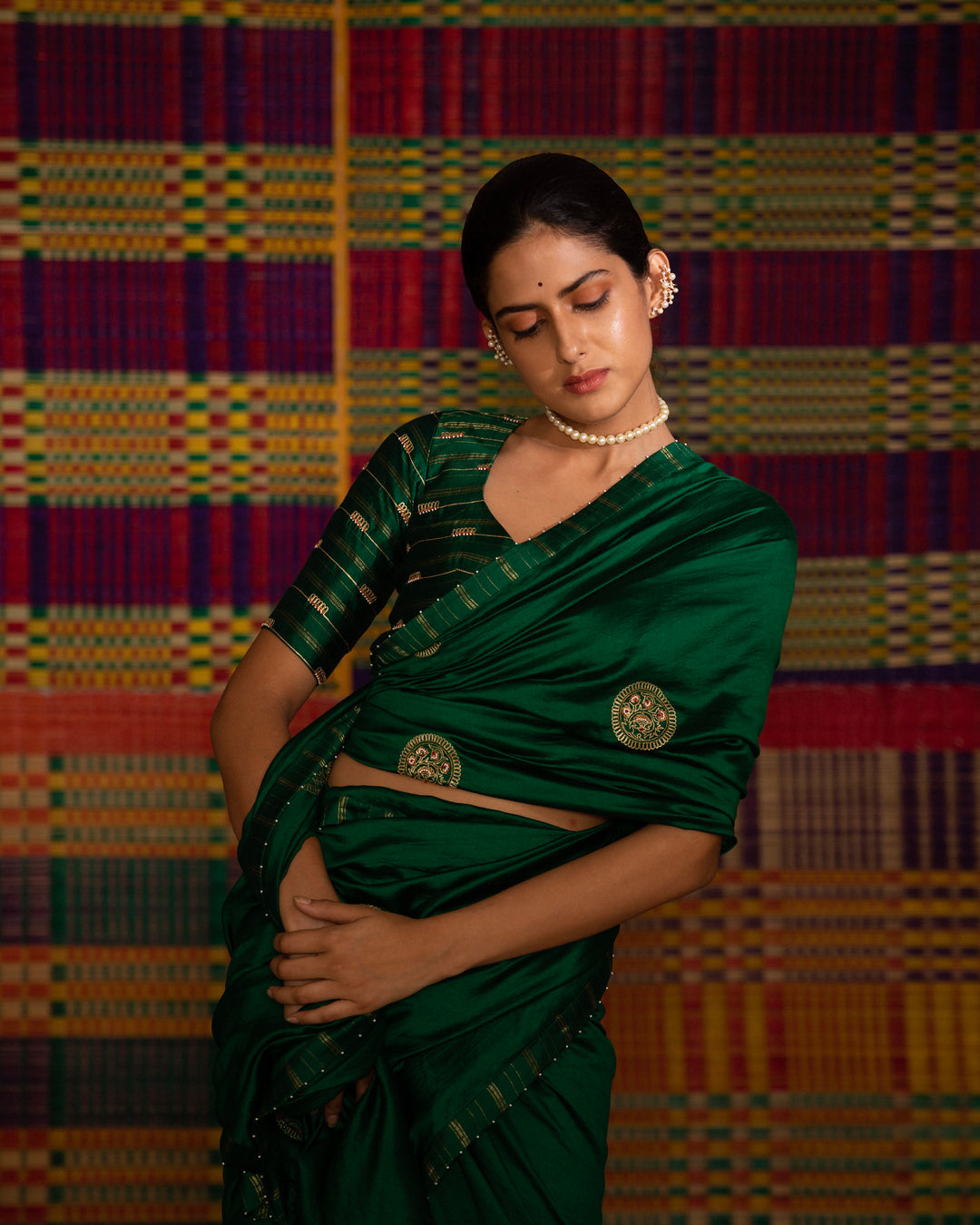 haritah green mandala hand embroidered silk saree