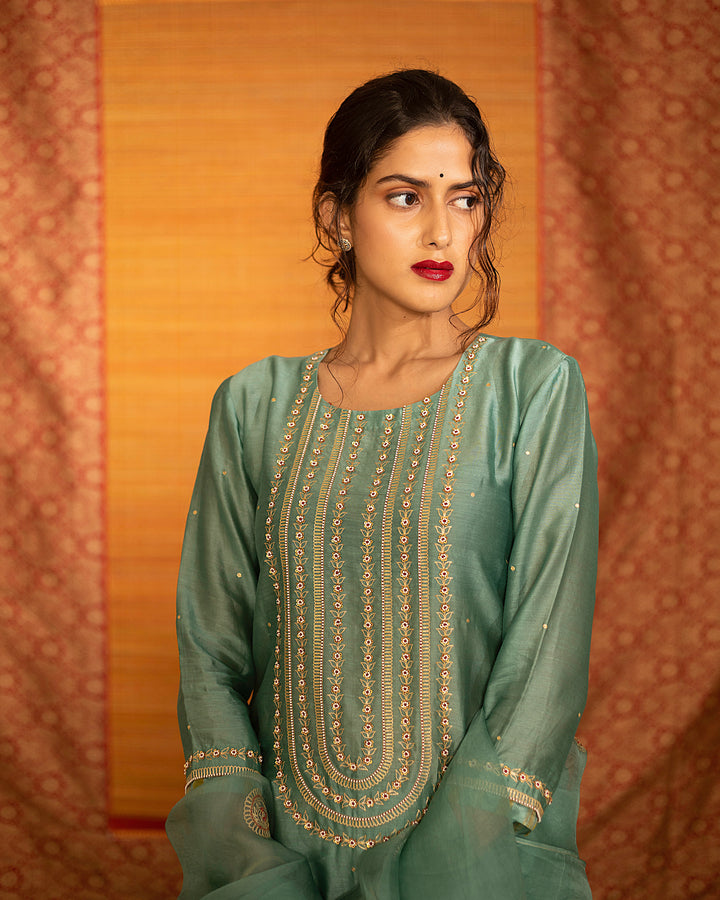 teal hand embroidered kurta with skirt