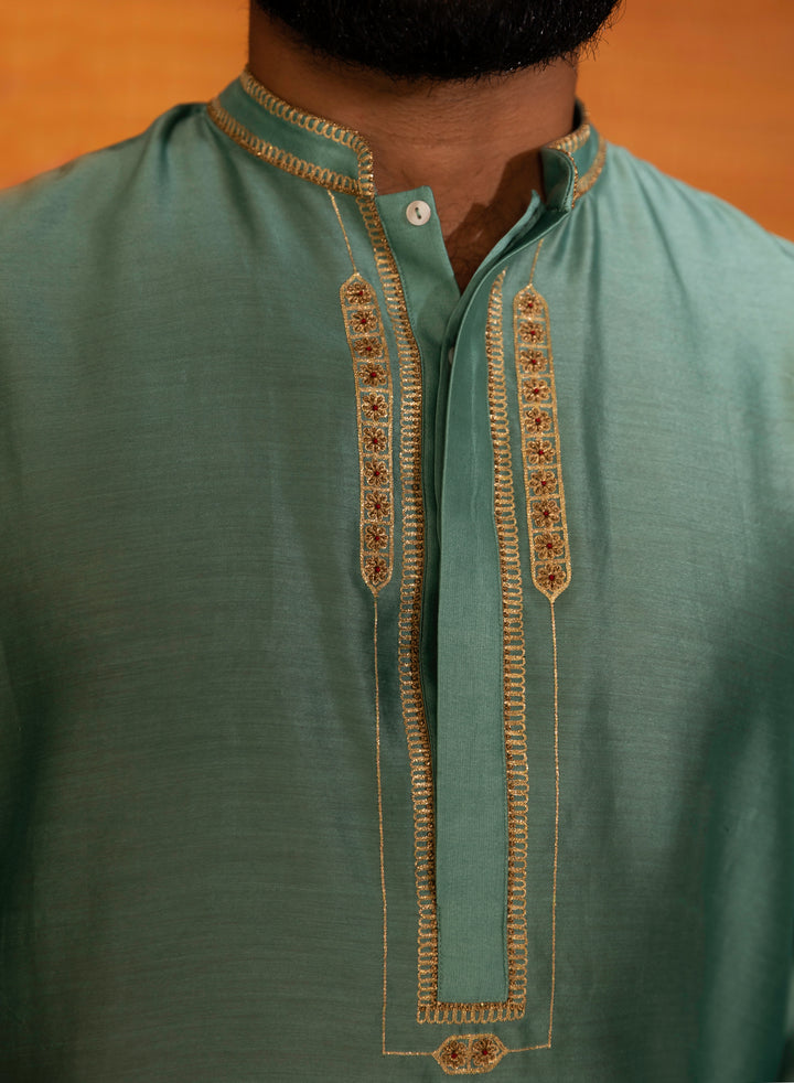 teal hand embroidered men's kurta with straight pant