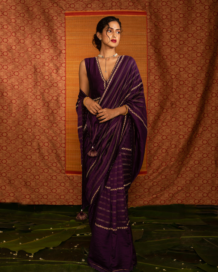 varna ada line hand embroidered saree