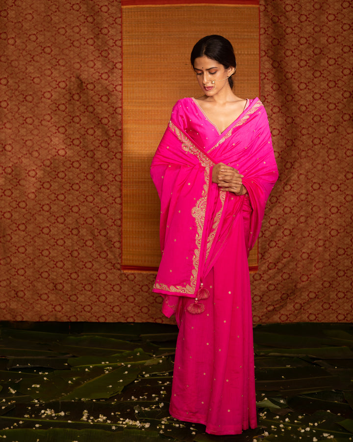 fuchsia hand embroidered silk saree with v neck blouse