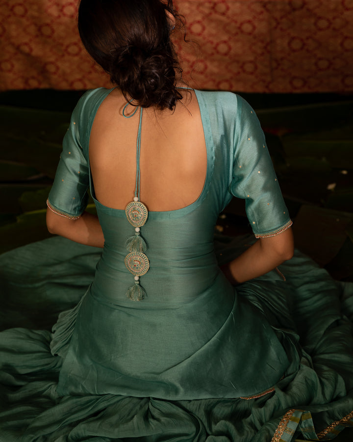 teal blue hand embroidered short kurta with skirt
