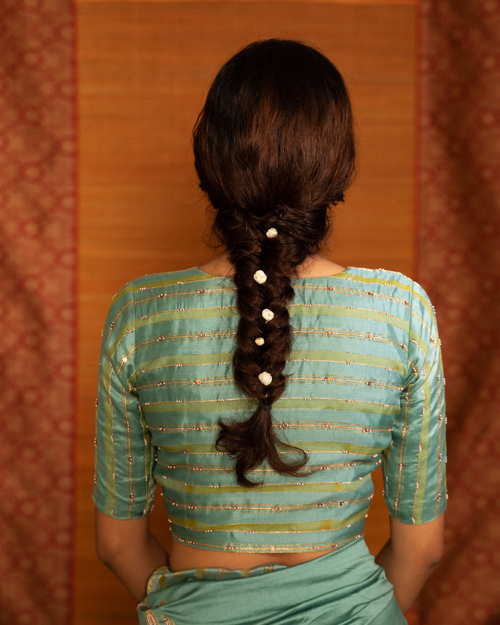 teal half and half hand embroidered saree with blouse