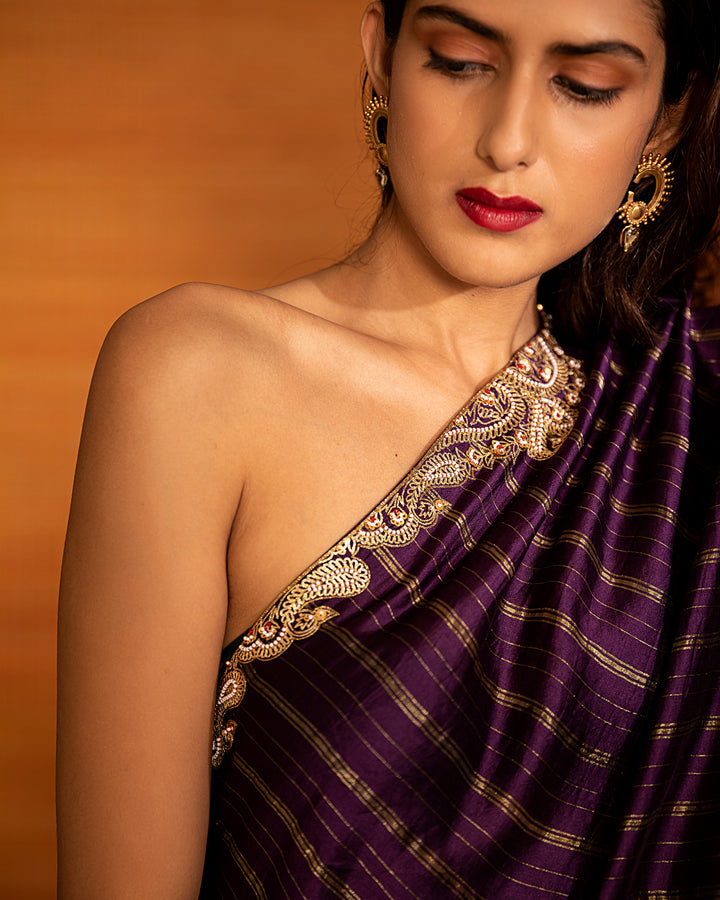 varna silk hand embroidered one shoulder dress