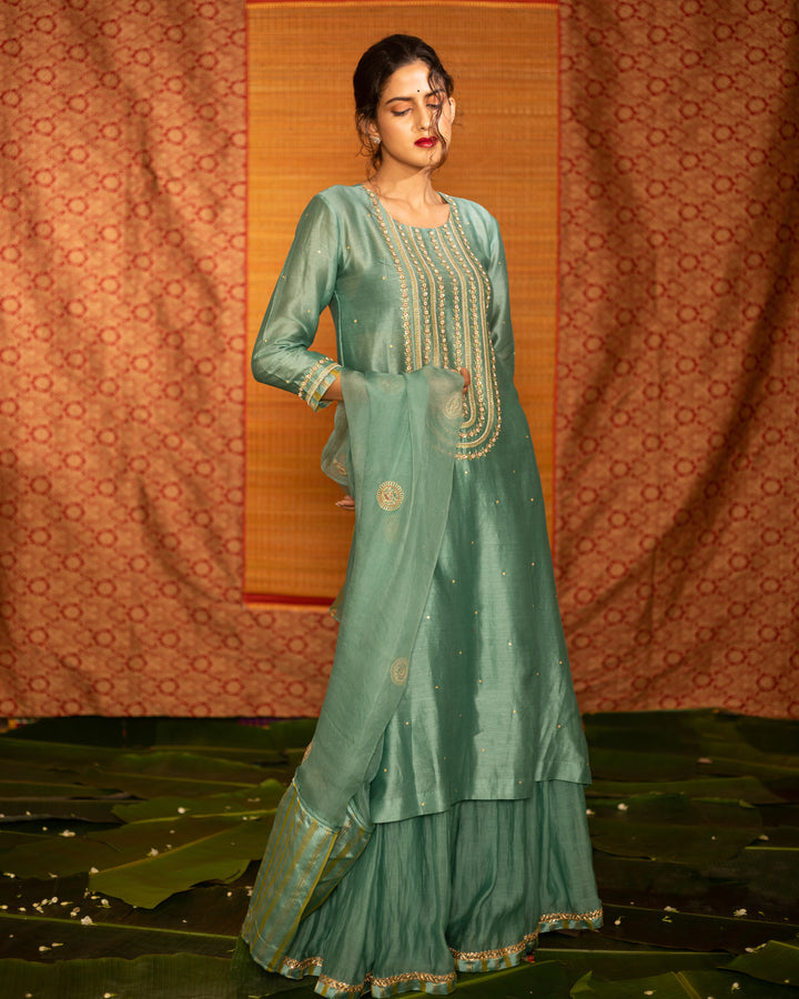 teal hand embroidered kurta with skirt