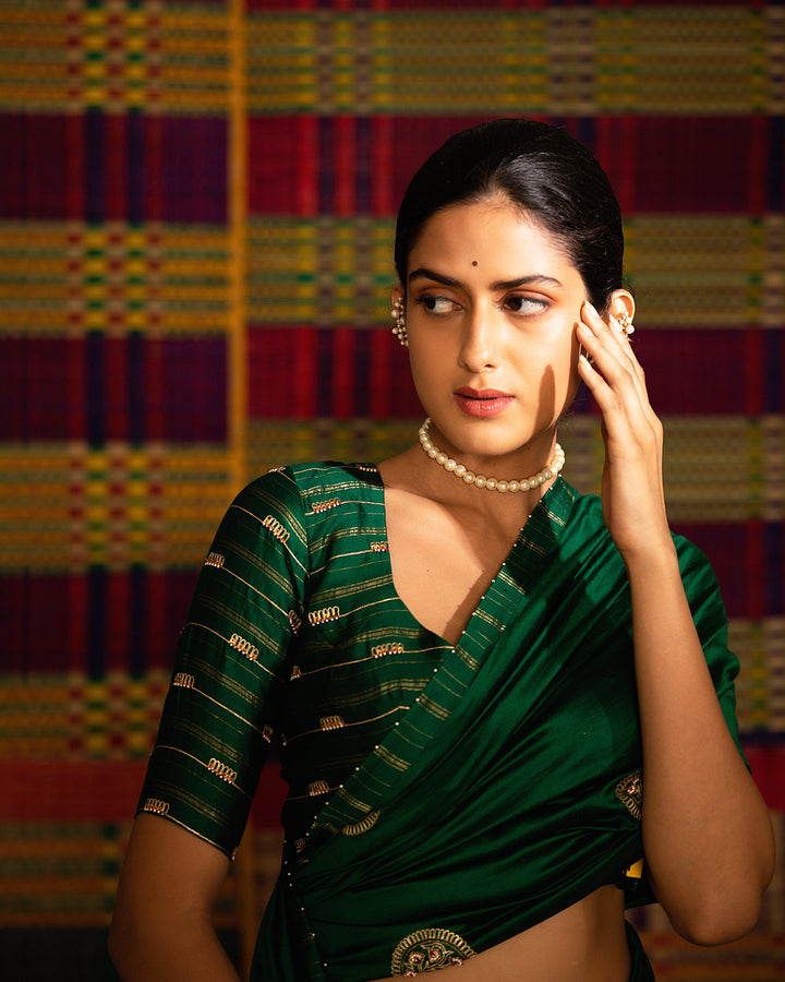haritah green mandala hand embroidered silk saree