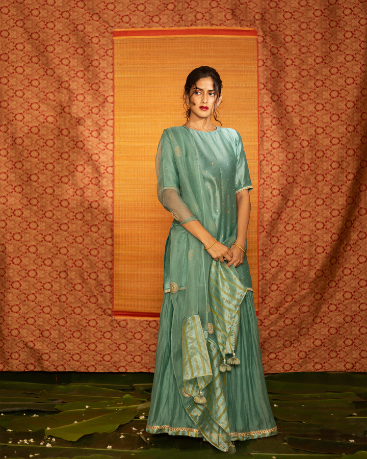 teal blue hand embroidered short kurta with skirt