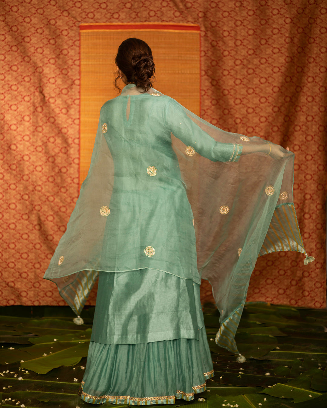 teal hand embroidered kurta with skirt