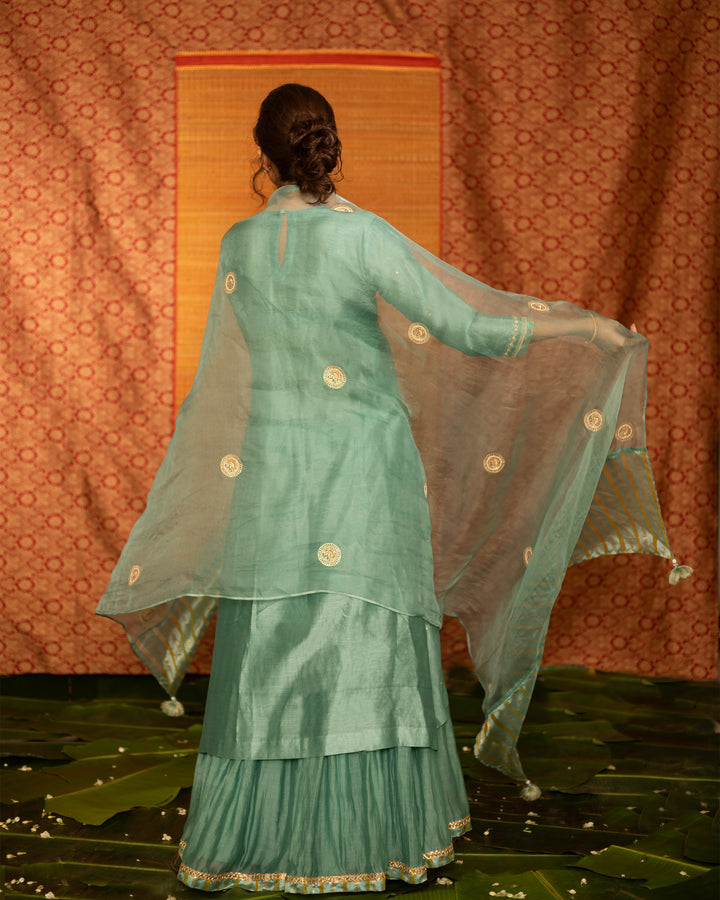 teal hand embroidered kurta with skirt