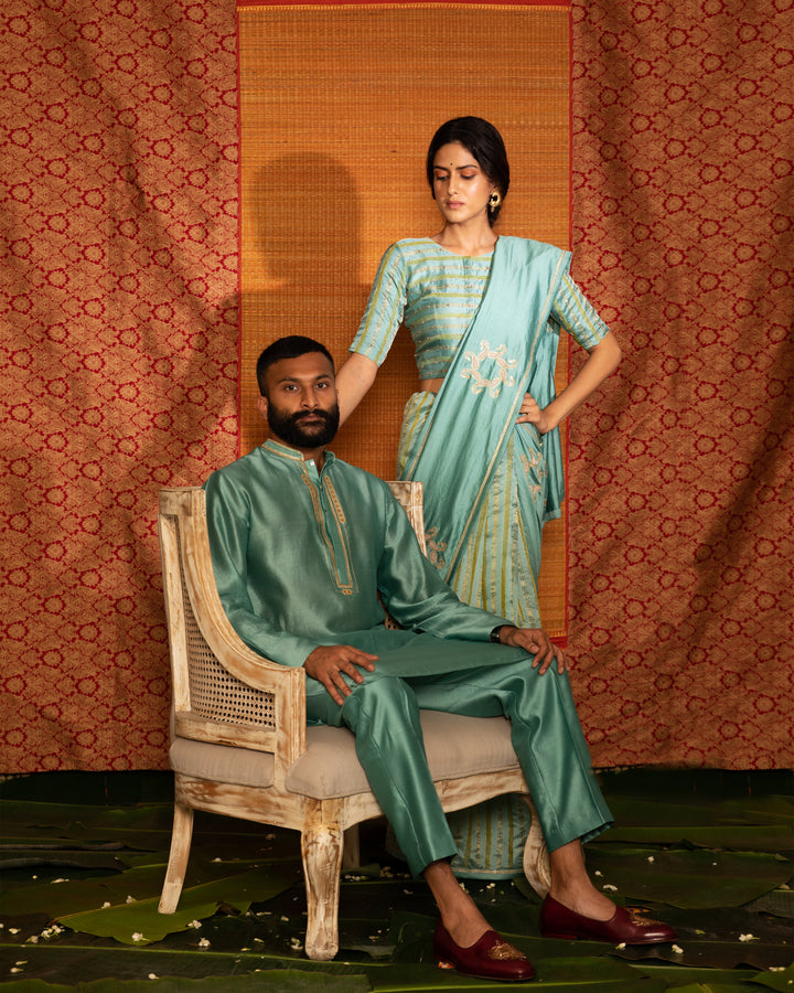 teal hand embroidered men's kurta with straight pant